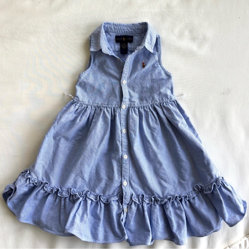 Polo Ralph Lauren button down oxford blue dress age 4 ruffle hem flawed